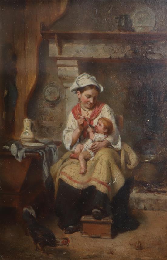 19th C. French School, oil on panel, Interior with mother and child, indistinctly signed, 15 x 10cm.